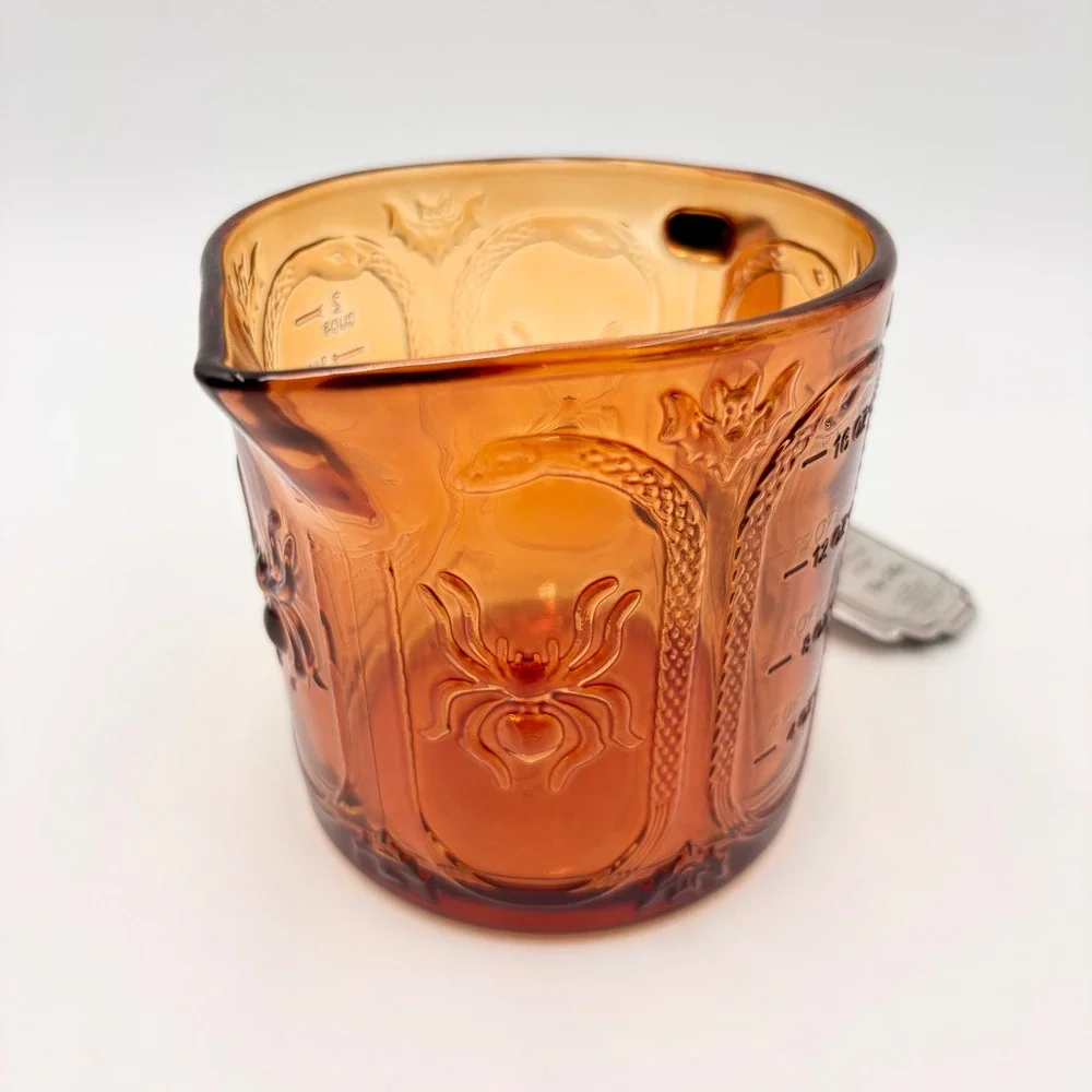 Cook With Color Halloween Amber Glass Measuring Cup 16oz Gothic Bat Spider Snake